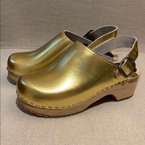 gold clogs metallic